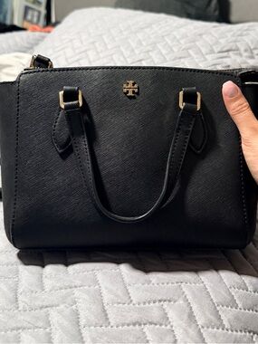 Tory Burch Black Leather Double-Handle Satchel with Gold Logo